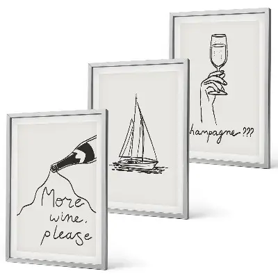Set de 3 cuadros para salón con dibujo lineal de una copa y un velero