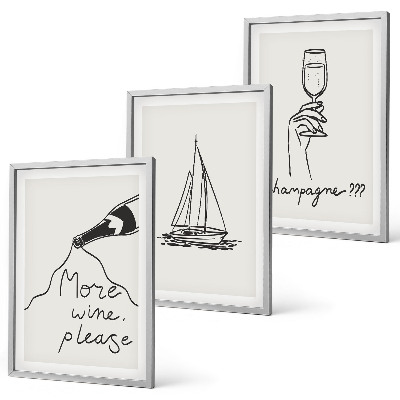 Set de 3 cuadros para salón Dibujo lineal de una copa de velero para vino