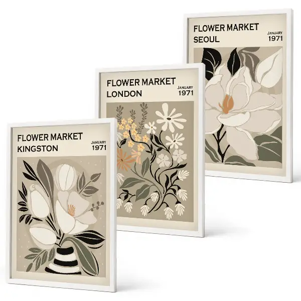 Set de 3 cuadros para salón con diseño de flores retro de ciudades de todo el mundo