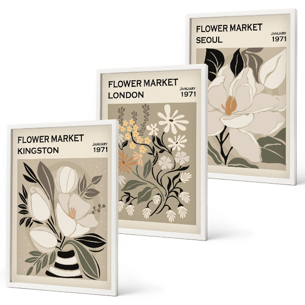 Set de 3 cuadros para salón Flores retro de ciudades de todo el mundo