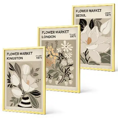 Set de 3 cuadros para salón con diseño de flores retro de ciudades de todo el mundo