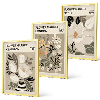 Set de 3 cuadros para salón Flores retro de ciudades de todo el mundo