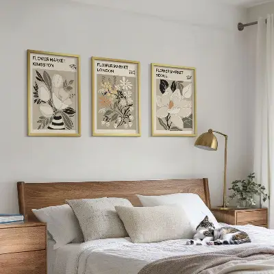 Set de 3 cuadros para salón con diseño de flores retro de ciudades de todo el mundo