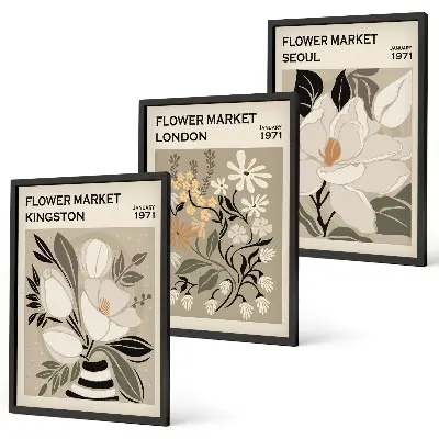 Set de 3 cuadros para salón con diseño de flores retro de ciudades de todo el mundo