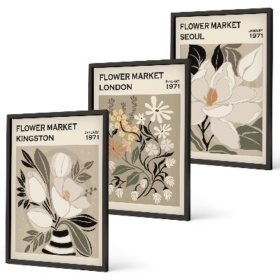 Set de 3 cuadros para salón Flores retro de ciudades de todo el mundo