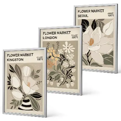 Set de 3 cuadros para salón con diseño de flores retro de ciudades de todo el mundo
