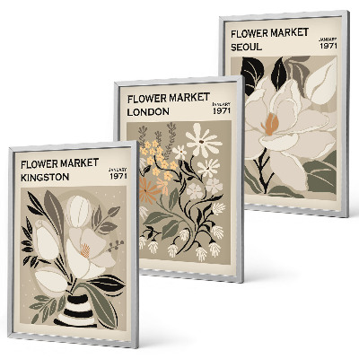 Set de 3 cuadros para salón Flores retro de ciudades de todo el mundo