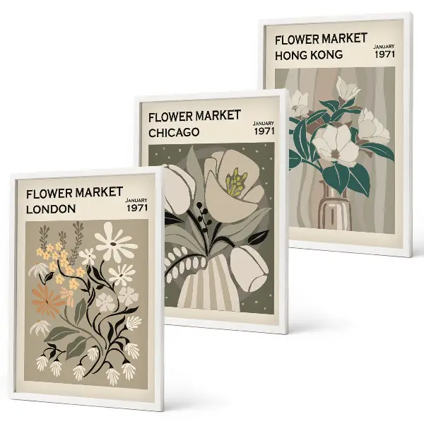 Set de 3 cuadros para salón con motivos de ferias de flores en Londres, Chicago y Hong Kong