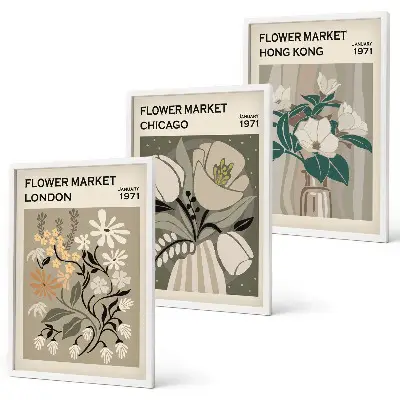 Set de 3 cuadros para salón con motivos de ferias de flores en Londres, Chicago y Hong Kong