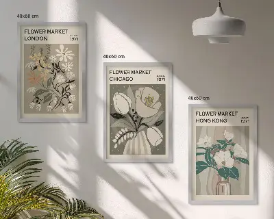 Set de 3 cuadros para salón con motivos de ferias de flores en Londres, Chicago y Hong Kong