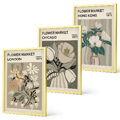 Set de 3 cuadros para salón con motivos de ferias de flores en Londres, Chicago y Hong Kong