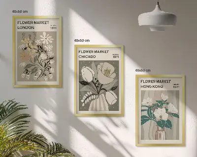 Set de 3 cuadros para salón con motivos de ferias de flores en Londres, Chicago y Hong Kong