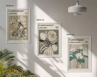 Set de 3 cuadros para salón con motivos de ferias de flores en Londres, Chicago y Hong Kong