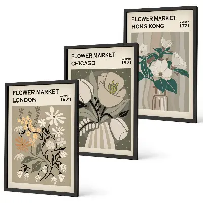 Set de 3 cuadros para salón con motivos de ferias de flores en Londres, Chicago y Hong Kong