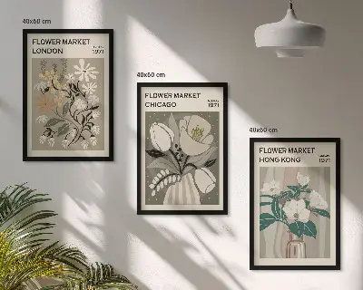 Set de 3 cuadros para salón con motivos de ferias de flores en Londres, Chicago y Hong Kong