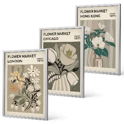 Set de 3 cuadros para salón con motivos de ferias de flores en Londres, Chicago y Hong Kong