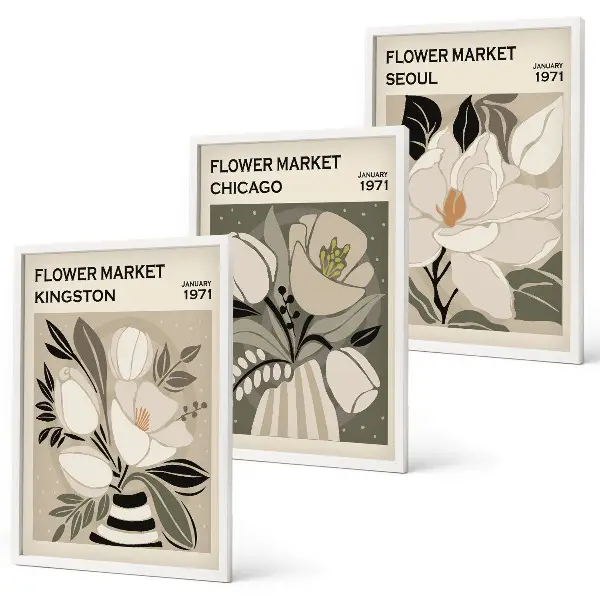Juego de 3 cuadros diseño retro de flores ciudades Kingston, Seúl y Chicago