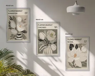 Juego de 3 cuadros diseño retro de flores ciudades Kingston, Seúl y Chicago