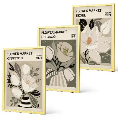 Juego de 3 cuadros diseño retro de flores ciudades Kingston, Seúl y Chicago