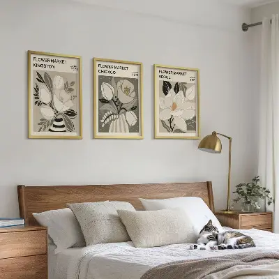 Juego de 3 cuadros diseño retro de flores ciudades Kingston, Seúl y Chicago