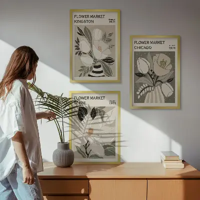 Juego de 3 cuadros diseño retro de flores ciudades Kingston, Seúl y Chicago