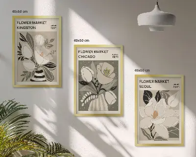 Juego de 3 cuadros diseño retro de flores ciudades Kingston, Seúl y Chicago