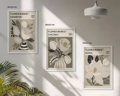 Juego de 3 cuadros diseño retro de flores ciudades Kingston, Seúl y Chicago