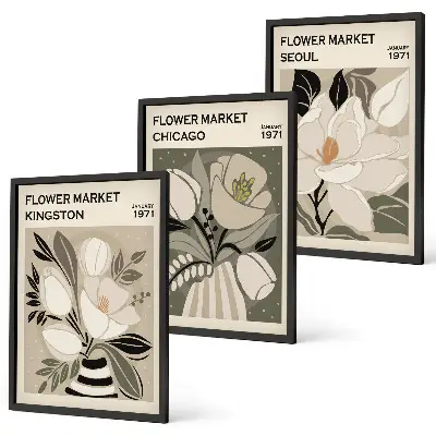 Juego de 3 cuadros diseño retro de flores ciudades Kingston, Seúl y Chicago