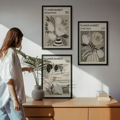 Juego de 3 cuadros diseño retro de flores ciudades Kingston, Seúl y Chicago