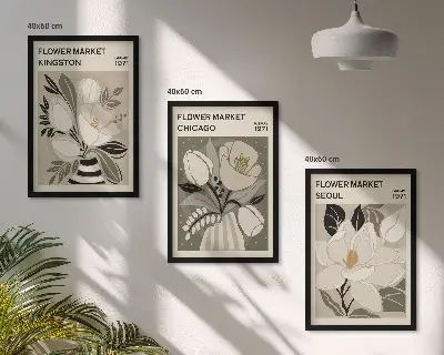 Juego de 3 cuadros diseño retro de flores ciudades Kingston, Seúl y Chicago