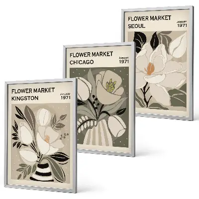 Juego de 3 cuadros diseño retro de flores ciudades Kingston, Seúl y Chicago