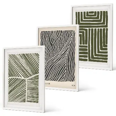 Juego de 3 cuadros con diseño de patrones, líneas y formas en color verde