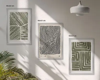 Juego de 3 cuadros con diseño de patrones, líneas y formas en color verde