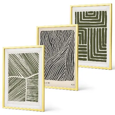 Juego de 3 cuadros con diseño de patrones, líneas y formas en color verde