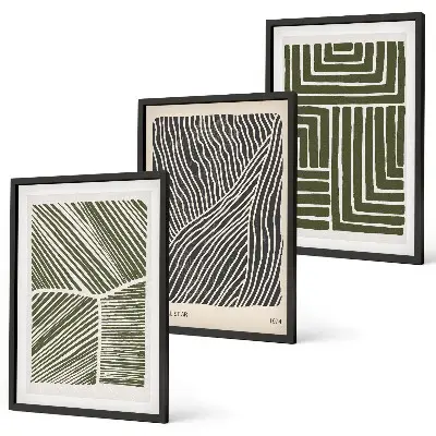 Juego de 3 cuadros con diseño de patrones, líneas y formas en color verde