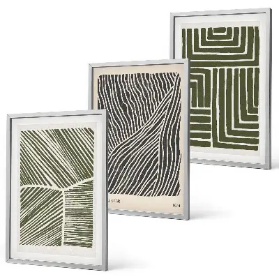 Juego de 3 cuadros con diseño de patrones, líneas y formas en color verde