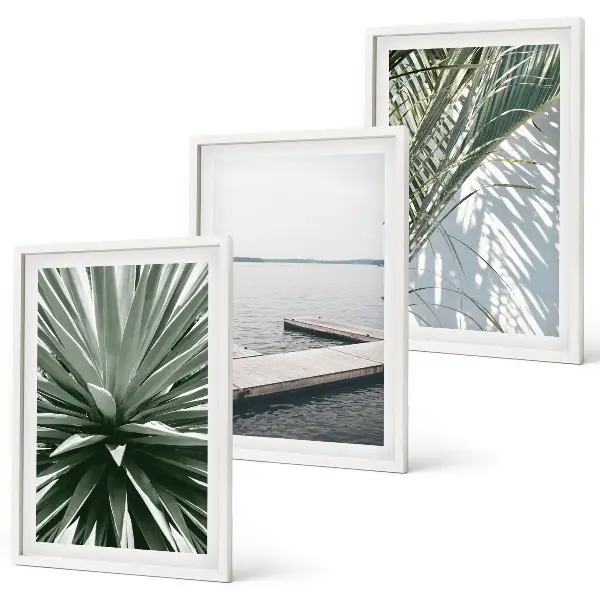 Set de 3 cuadros para salón con diseño de puente de madera y hojas de palmera