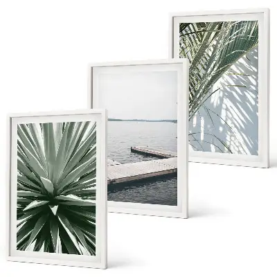 Set de 3 cuadros para salón con diseño de puente de madera y hojas de palmera