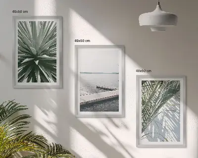 Set de 3 cuadros para salón con diseño de puente de madera y hojas de palmera