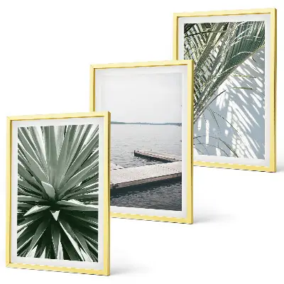 Set de 3 cuadros para salón con diseño de puente de madera y hojas de palmera