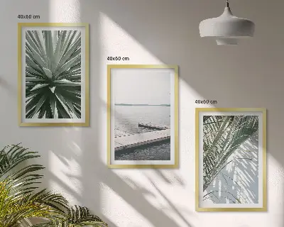 Set de 3 cuadros para salón con diseño de puente de madera y hojas de palmera