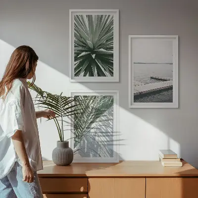 Set de 3 cuadros para salón con diseño de puente de madera y hojas de palmera