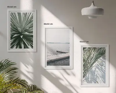 Set de 3 cuadros para salón con diseño de puente de madera y hojas de palmera