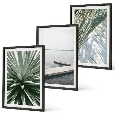 Set de 3 cuadros para salón con diseño de puente de madera y hojas de palmera