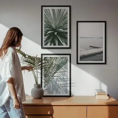 Set de 3 cuadros para salón con diseño de puente de madera y hojas de palmera