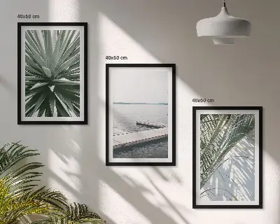 Set de 3 cuadros para salón con diseño de puente de madera y hojas de palmera