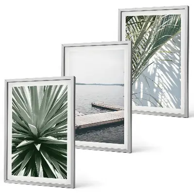 Set de 3 cuadros para salón con diseño de puente de madera y hojas de palmera