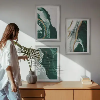 Set de 3 cuadros para salón con motivos de pintura abstracta en color verde