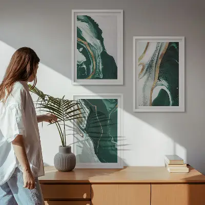 Set de 3 cuadros para salón con motivos de pintura abstracta en color verde