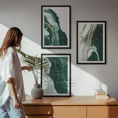 Set de 3 cuadros para salón con motivos de pintura abstracta en color verde